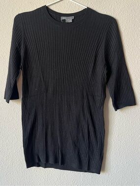 Vince Black Ribbed 3/4-Sleeve Crewneck Sweater